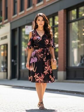 le chateau Black Floral Cold-Shoulder Wrap Midi Dress